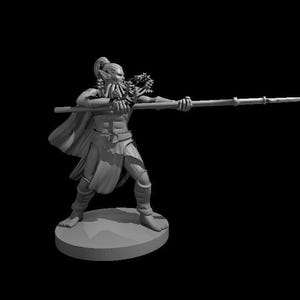 May include: A monochrome figurine of a warrior with a spear. The figure is on a circular base, wearing armour, a cape, and a headpiece. The spear is held horizontally, and the warrior appears to be in a combat stance.