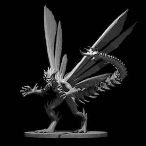 May include: A monochrome figurine of a winged creature with a skeletal tail and large, veined wings. The figure has a humanoid torso, clawed hands and feet, and a menacing expression. The sculpture is set against a black background.