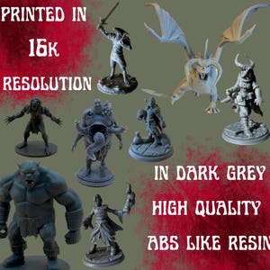 May include: A collection of dark gray miniature fantasy figures, including a dragon, orc, and various humanoid characters. The image includes text that reads "PRINTED IN 16K RESOLUTION", "IN DARK GREY", "HIGH QUALITY", and "ABS LIKE RESIN".