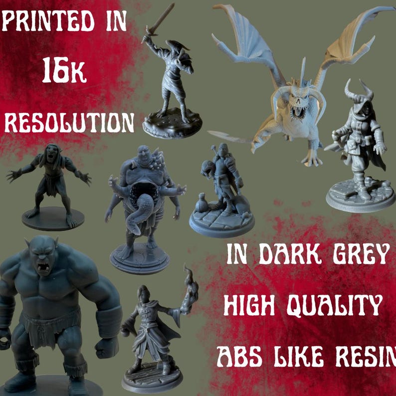 May include: A collection of dark gray miniature fantasy figures, including a dragon, orc, and various humanoid characters. The image includes text that reads "PRINTED IN 16K RESOLUTION", "IN DARK GREY", "HIGH QUALITY", and "ABS LIKE RESIN".