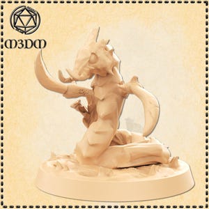 May include: A beige, 3D-printed miniature of a fantasy creature, possibly a monster or insectoid being. It has large curved appendages and a segmented body, posed on a circular base. The logo "n3d0m" is visible.