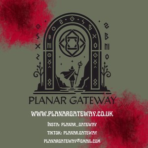 May include: A logo featuring a stylized archway with a figure holding a staff, set against a green background with red accents. The text "PLANAR GATEWAY" is below the graphic, along with website and social media information.