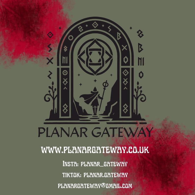 May include: A logo featuring a stylized archway with a figure holding a staff, set against a green background with red accents. The text "PLANAR GATEWAY" is below the graphic, along with website and social media information.