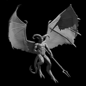 May include: A monochrome sculpture of a demonic figure with large wings, horns, and a trident. The muscular figure is set against a black backdrop, highlighting the intricate details of the sculpture.