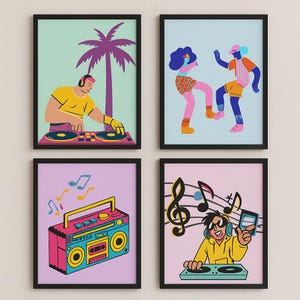 Retro Wand Kunst zum Ausdrucken | Funky Wohnkultur | Skurril | Musik | 80er Jahre Pop Art | Schlafzimmer Dekor | Digitaler Download | 4er Pack