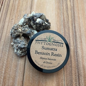 May include: A small, round container of Sumatra Benzoin Resin, with the text "PHYTOGNOSIS" and "Styrax benzoin" printed on the label. Beside the container are several pieces of resin. The label also states the product contains 28 grams.