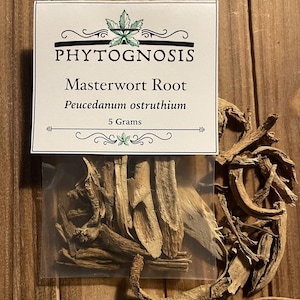 May include: A package of Masterwort Root, Peucedanum ostruthium, from Phytognosis, containing 5 grams. The package is clear, showing the dried root pieces. The background is a wooden surface.
