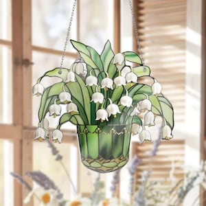 Green Hanging Pot Floral Suncatcher, Lily of the Valley Faux Acrylic Hanger,Spring Window Hanging Decoration,Gift for Flower & Garden Lovers