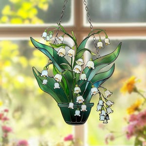 Lily of valley Window Decor, Flowers Acrylic Window Hanging Art Decoration, Green Hanging Pot Suncatcher, Lily of Valley Ornament, Mom Gift