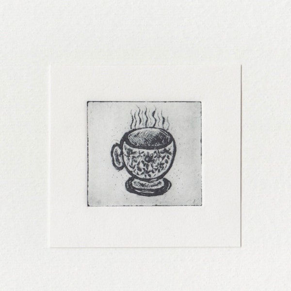 Drypoint Etching -Mini Teacup Print / Tiny Original Art