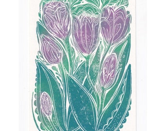 Lilac Linocut Print Tulips / A5 Original Printmaking Art