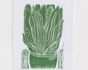 Sanseveria Linocut Print / Green Snake Plant Original Art