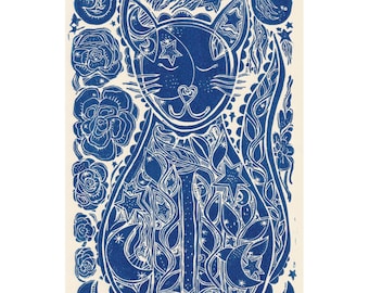 Blue Cat Linocut Print - A4 Original Printmaking Art