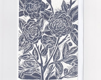 Rose Print Greetings Card / Flower Blue Linocut Printmaking