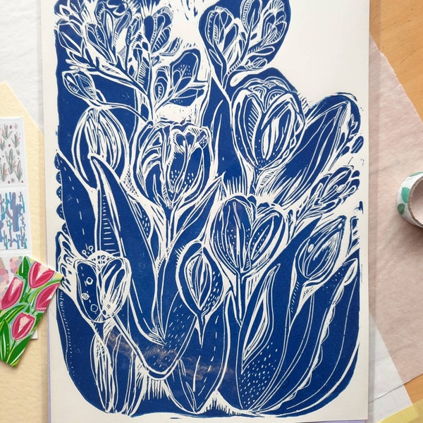 Linocut Print Tulips / A4  Blue Original Art Block Print / Lino Printmaking