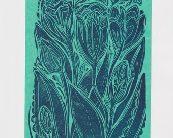 Blue Tulips Small Linocut Print - Original Printmaking Art
