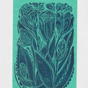 Small Lino Print Tulips / Blue & Turquoise Original Art Block Print