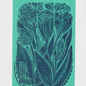 Linocut Print Tulips A5 / Blue & Turquoise Original Art Block Print