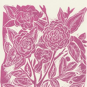 Pink Flowers A4 Linocut Print - Original Block Print Art