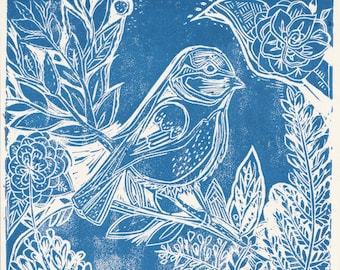 Blue Bird Lino Print / A4 Original Art / Linocut Block Printmaking