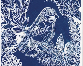 Linocut Print Bird / A4 Blue Original Art / Lino Block Printmaking