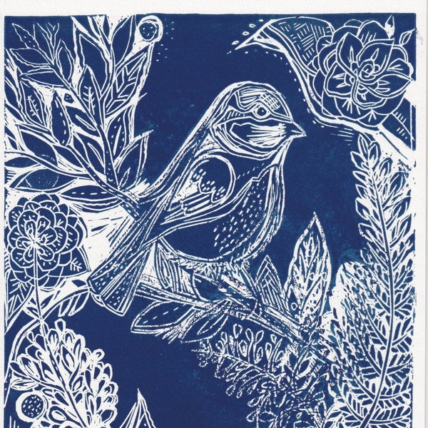 Linocut Print Bird / A4 Blue Original Art / Lino Block Printmaking