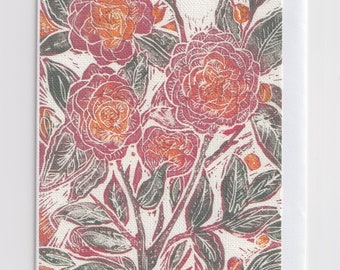 Rose Print Card / Flower Lino / Red Linocut
