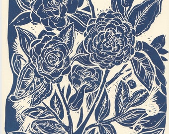 Blue Relief Print Flowers / A4 Original Linocut Art