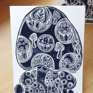 Mushroom Linocut Print A4 / Blue Original Art