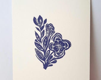 Mini Flower Linocut-Blue Nature Print -A6 Original Tiny Art