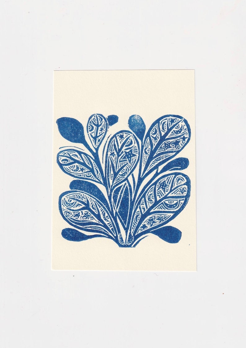 Mini Leaf Linocut-Blue Print A6 Original Tiny Art image 1