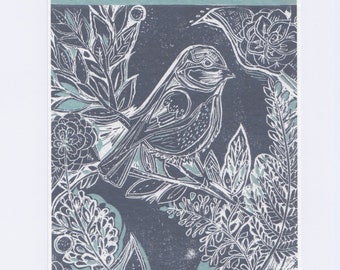 Pájaro con impresión en linóleo / Impresión artística en linóleo A5