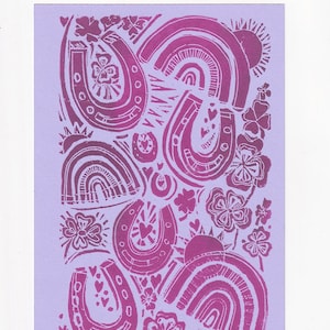 Pink Rainbow Linocut Print - Original Printmaking Art