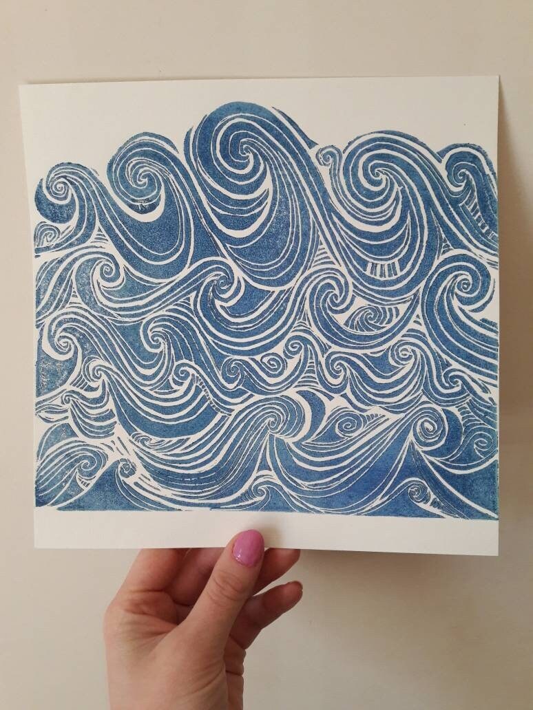 Sea Print // Ocean Waves Blue Lino Print Linocut Art // Etsy