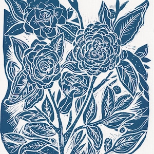 Blauer Linoldruck Blumen A4 Original Linolschnitt Kunst