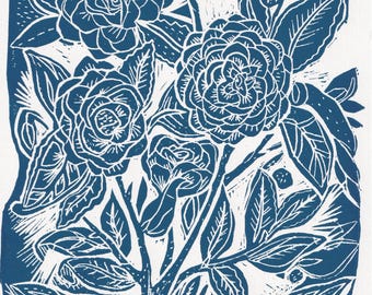 Blue Lino Print Flowers / A4 Original Linocut Art