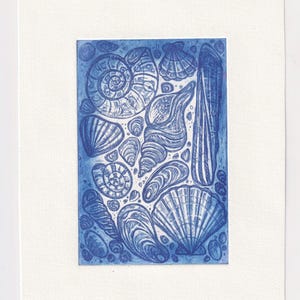 Blue Seashells Coastal Print - Original Aquatint Etching -Intaglio Printmaking Art