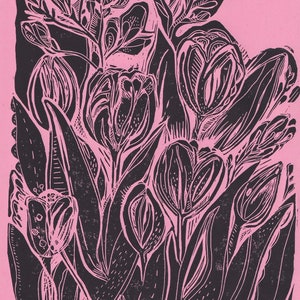 Black Tulip Linocut Print - Original Printmaking Art