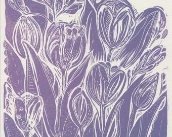 Purple Tulip Linocut Print /A4 Original Linocut Art