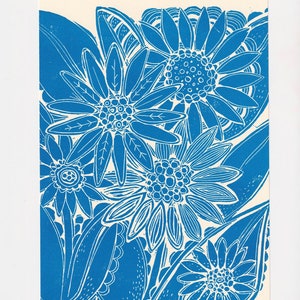 Blue Daisy Linocut Print - A5 Original Floral Art