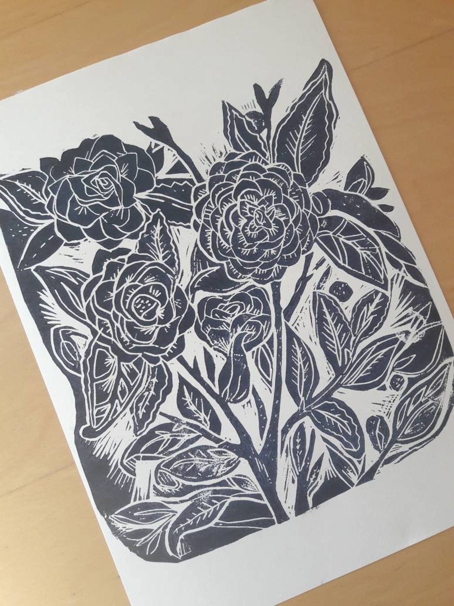 Linocut Print Flowers // A4 Blue Original Art Block Print // | Etsy