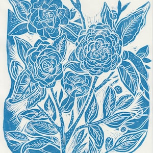 Pale Blue Relief Print Flowers / A4 Original Linocut Art