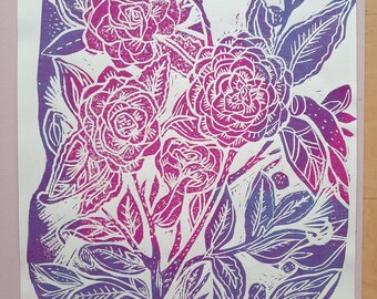 Linocut Flowers Test Print: A4 Pink & Purple Original Art