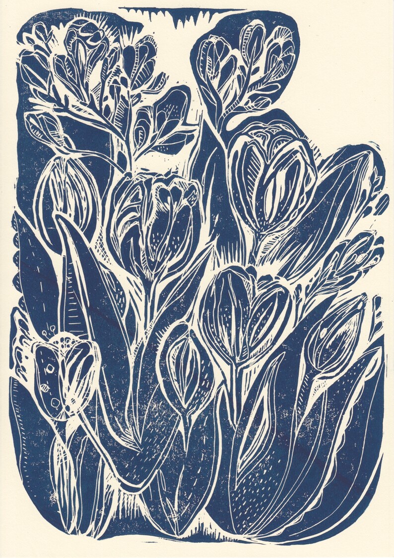 Linocut Print Tulips // A4 Blue Original Art Block Print
