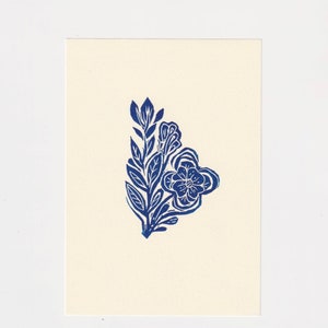 Mini Flower Linocut-Blue Nature Print -A6 Original Tiny Art