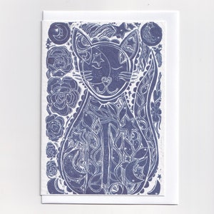 Carte vierge à imprimé chat / Linogravure bleue