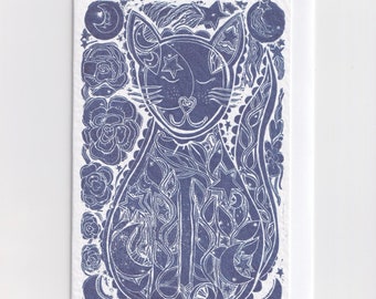 Cat Print Blank Card / Blue Linocut