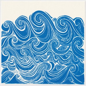 Sea Print / Ocean Waves Linocut- Blue Lino Art