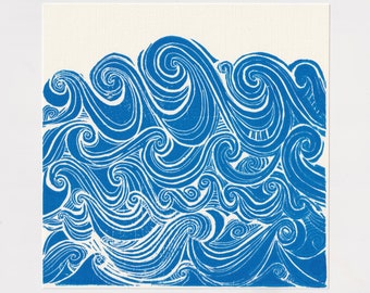 Sea Print / Ocean Waves Linocut- Blue Lino Art