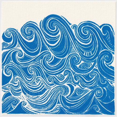 Sea Print / Ocean Waves Linocut Blue Lino Art Etsy